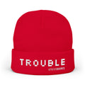 TROUBLE embroidered beanie | knit cuff hat, white pixel text