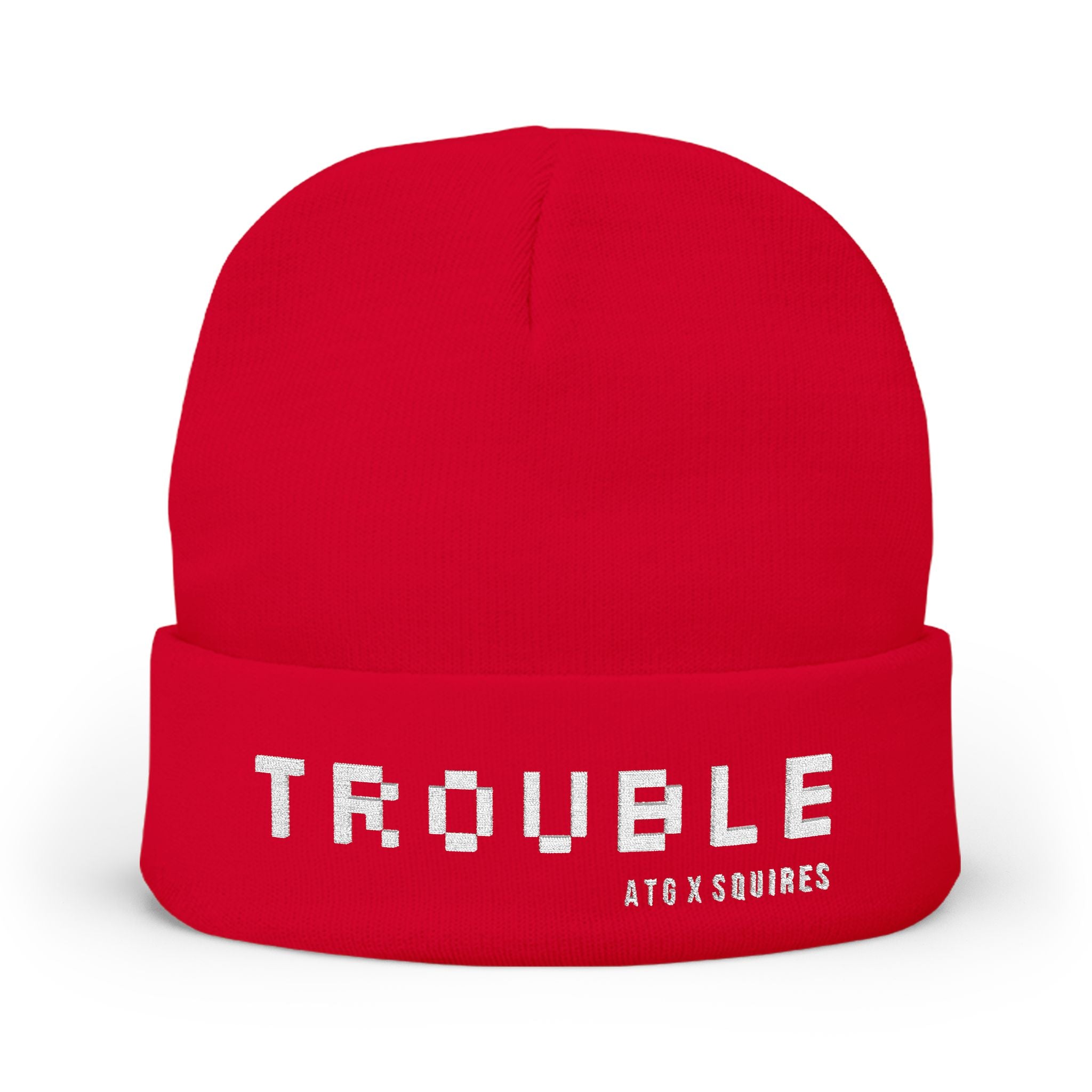 TROUBLE embroidered beanie | knit cuff hat, white pixel text