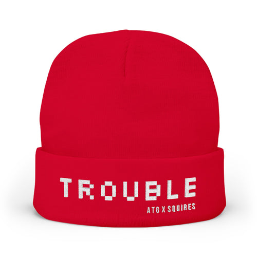 TROUBLE embroidered beanie | knit cuff hat, white pixel text