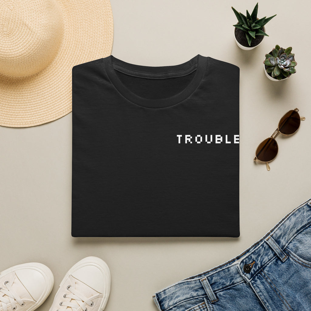 TROUBLE chest text T-Shirt | Minimal graphic tee, black casual top