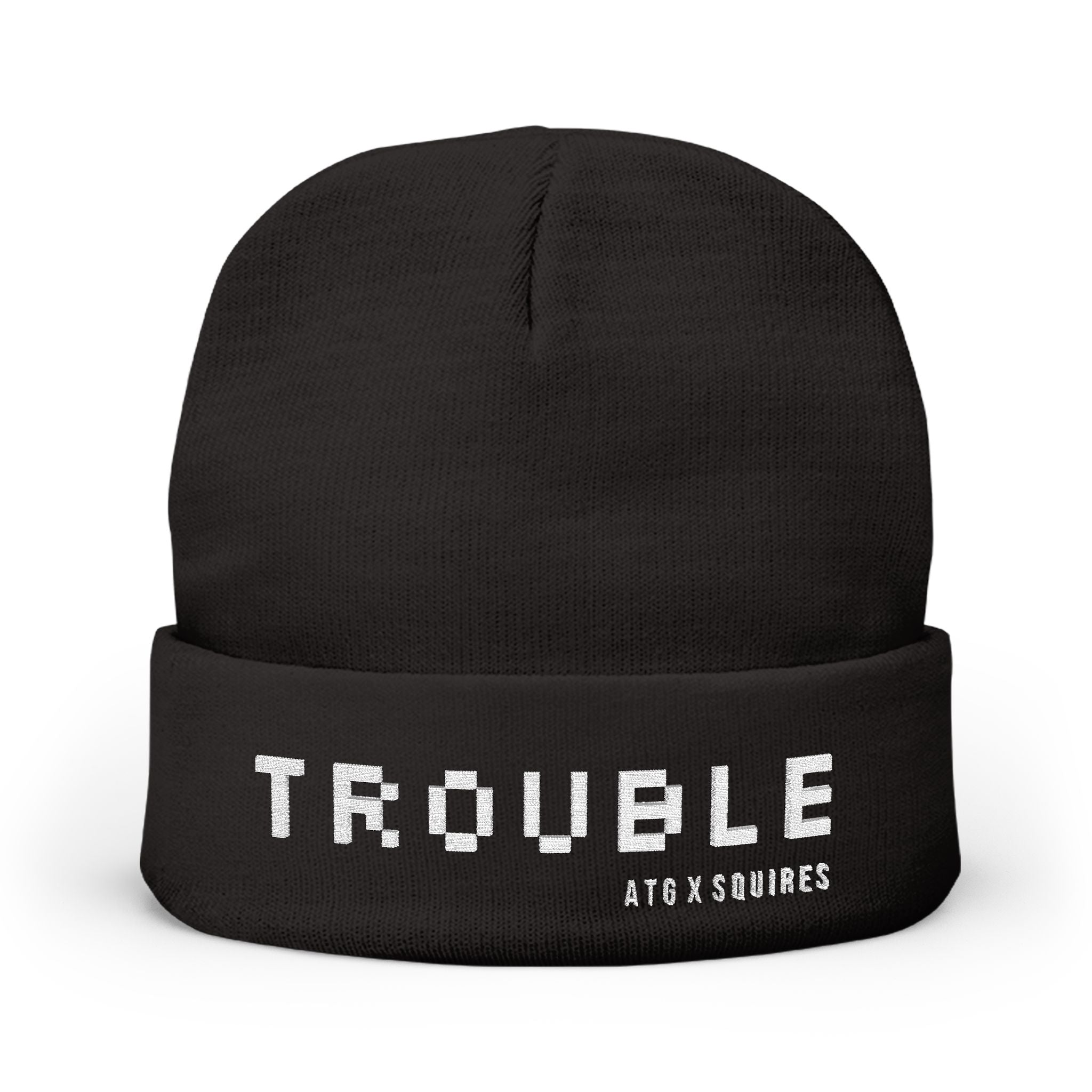 TROUBLE embroidered beanie | knit cuff hat, white pixel text