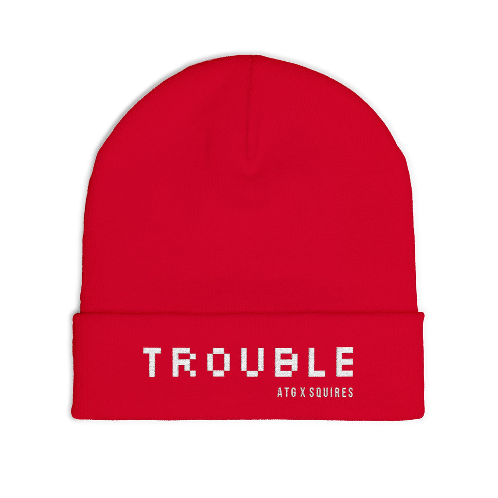 TROUBLE embroidered beanie | knit cuff hat, white pixel text