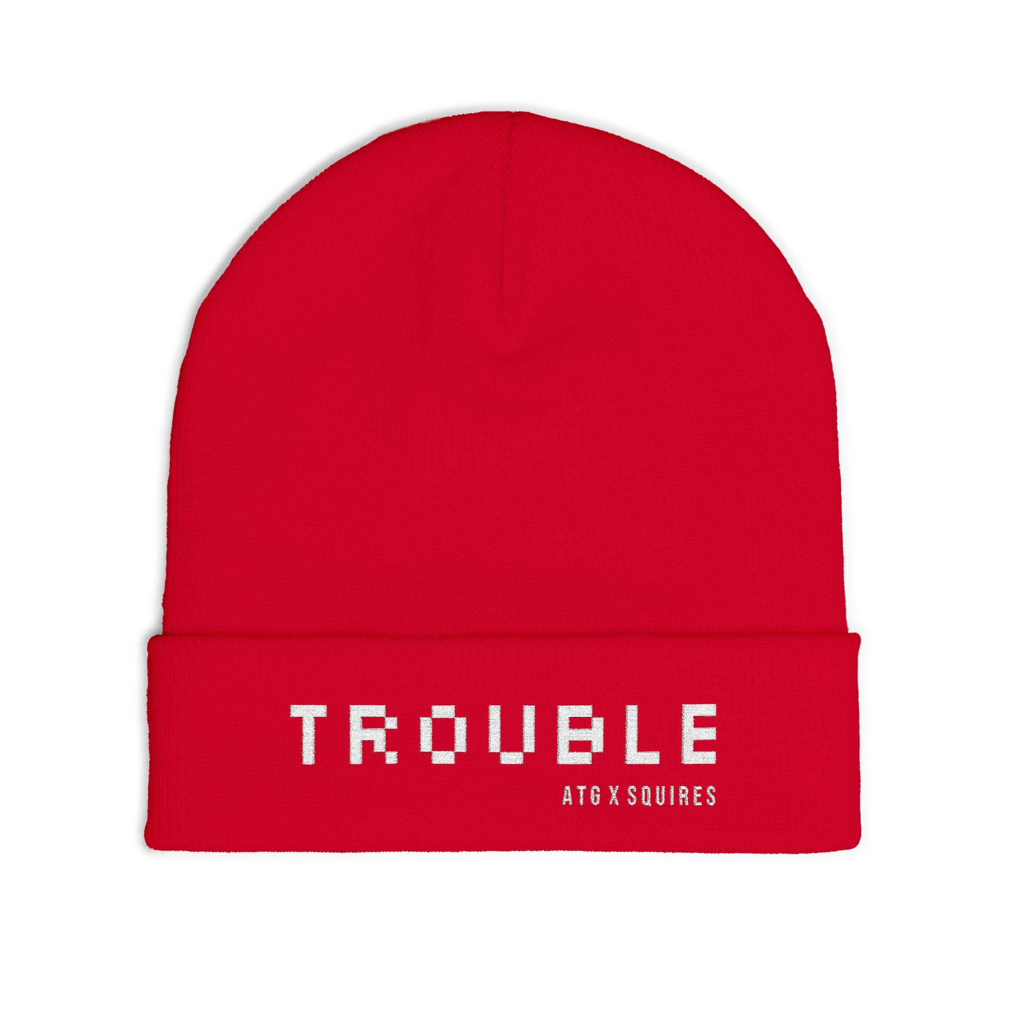 TROUBLE embroidered beanie | knit cuff hat, white pixel text