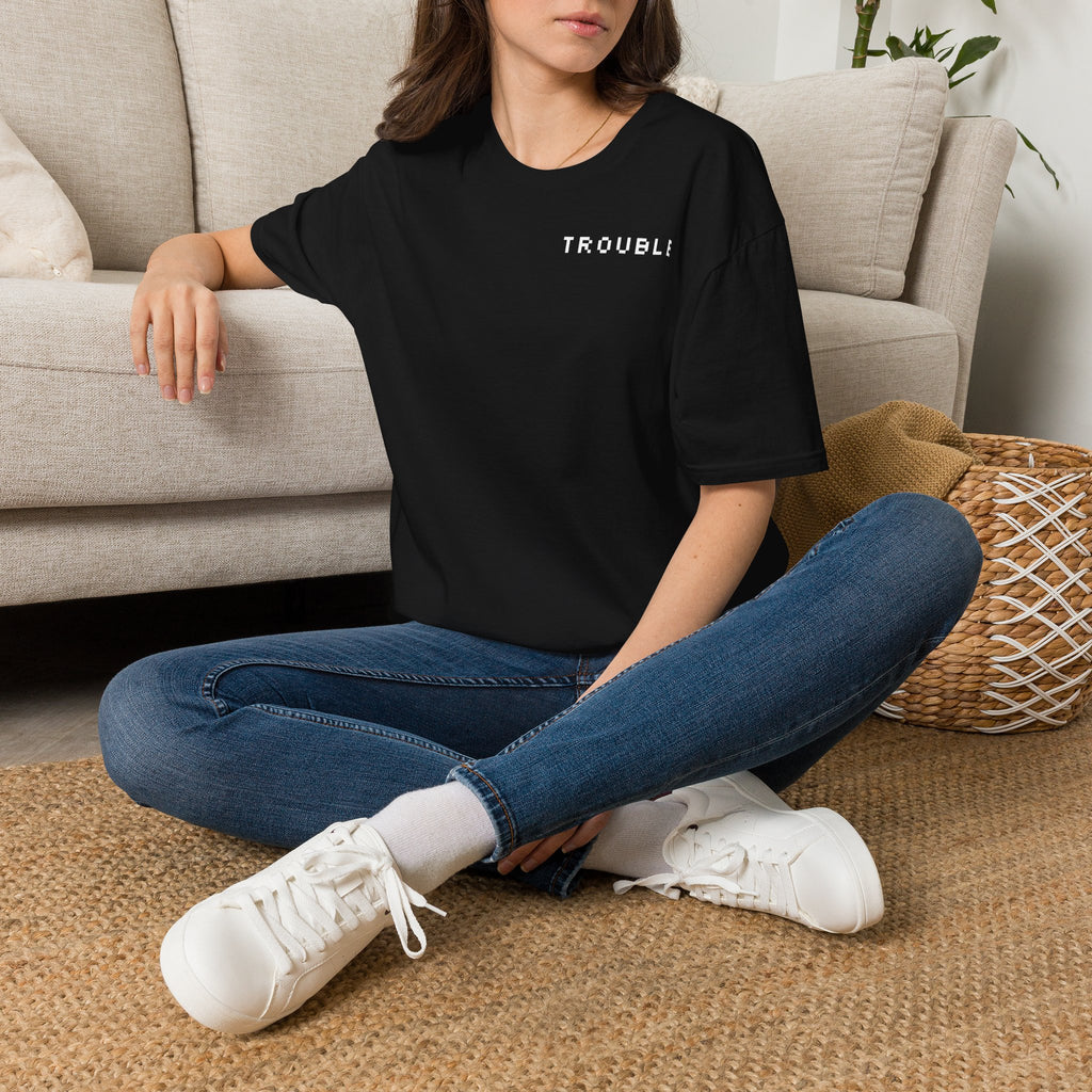 TROUBLE chest text T-Shirt | Minimal graphic tee, black casual top