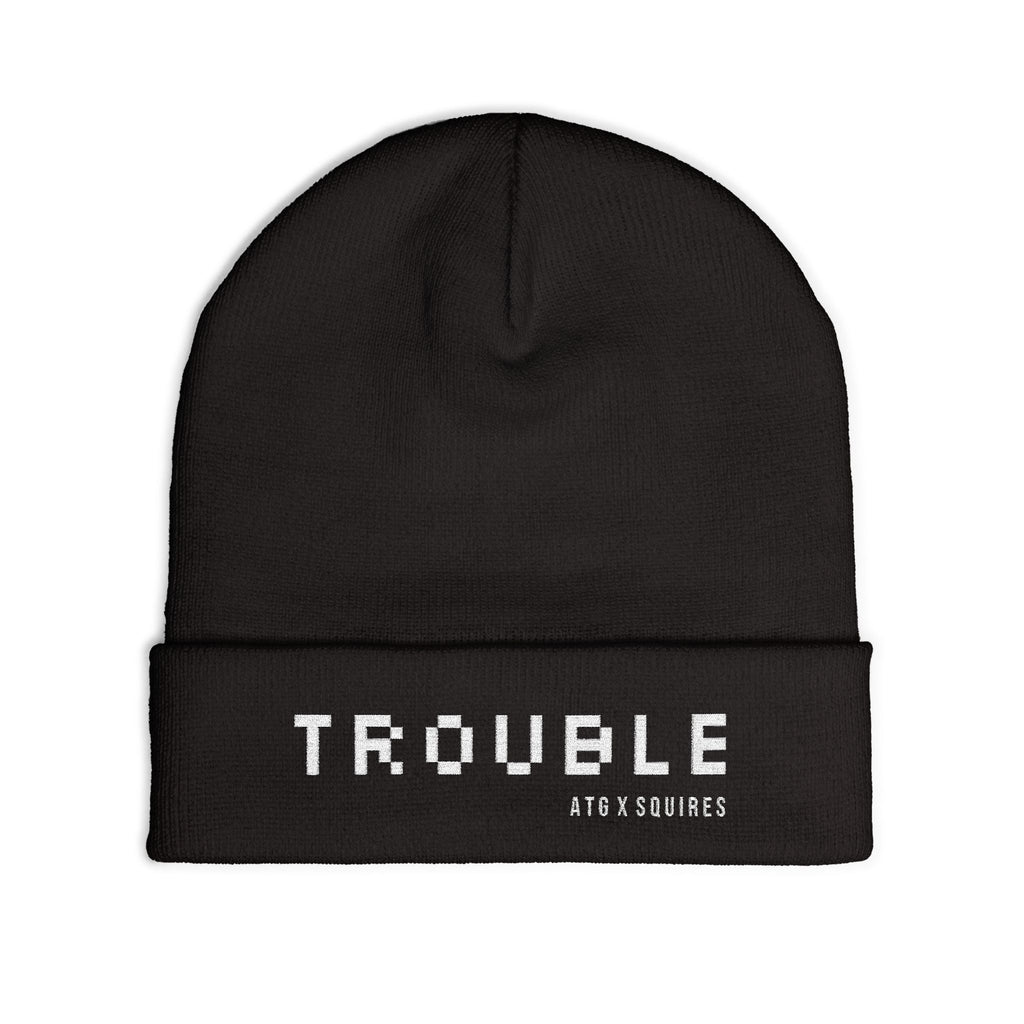 TROUBLE embroidered beanie | knit cuff hat, white pixel text
